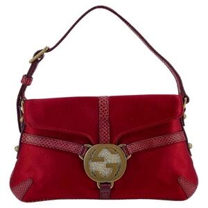 2000s Gucci by Tom Ford Mini Reins Red Lizard Silk Satin Rhinestone Thong Bag